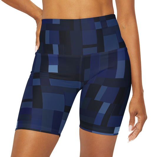 High Waisted Yoga Shorts - Blue Pixels