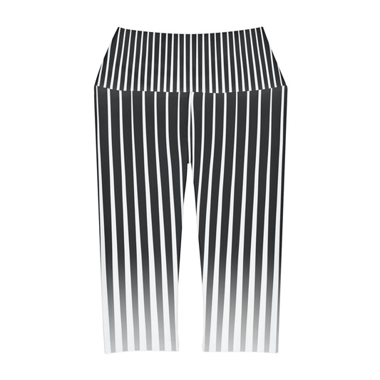High Waisted Capri Leggings - Slimming Black and White Vertical
