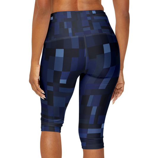 High Waisted Capri Leggings - Blue Pixels