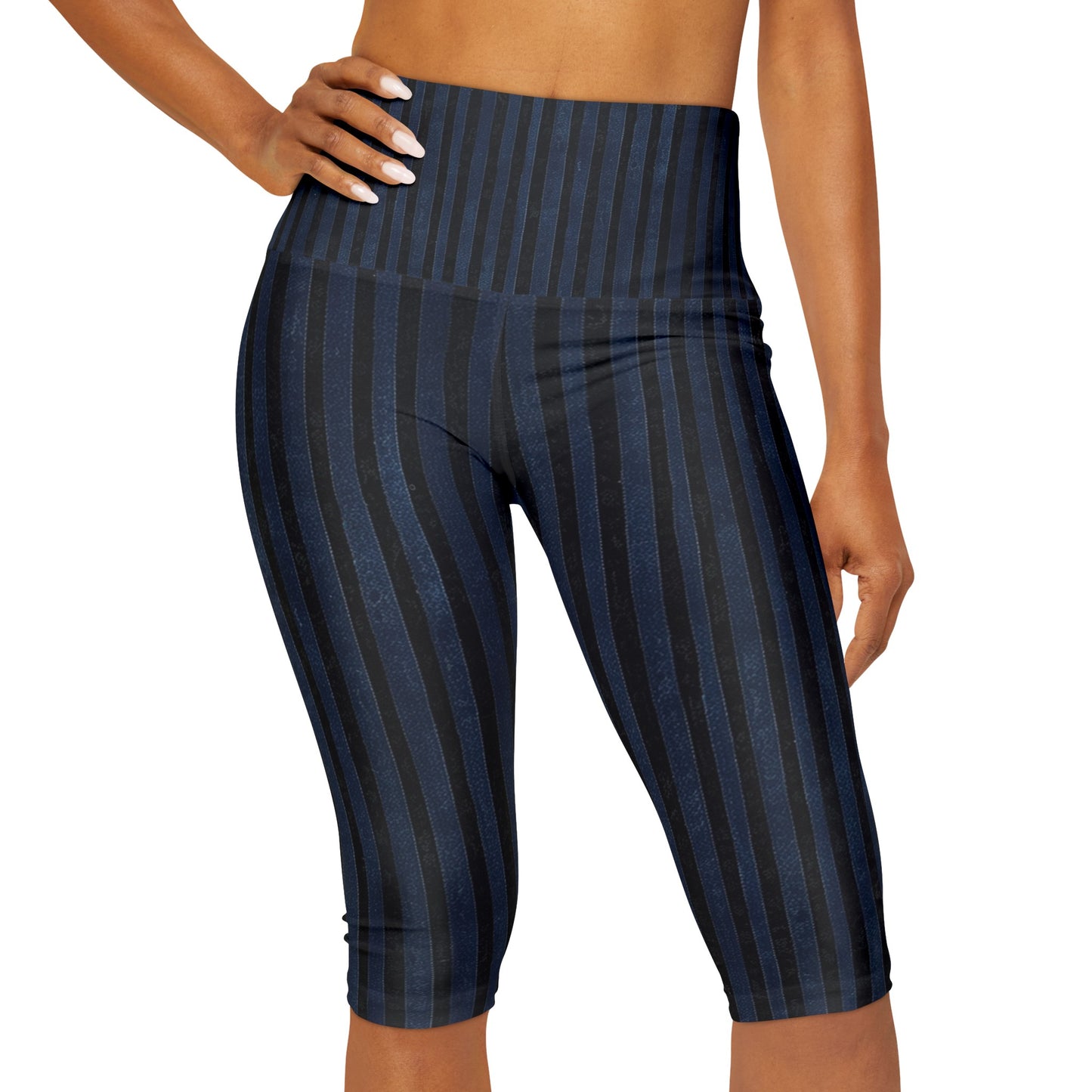 High Waisted Capri Leggings - Vertical Blues