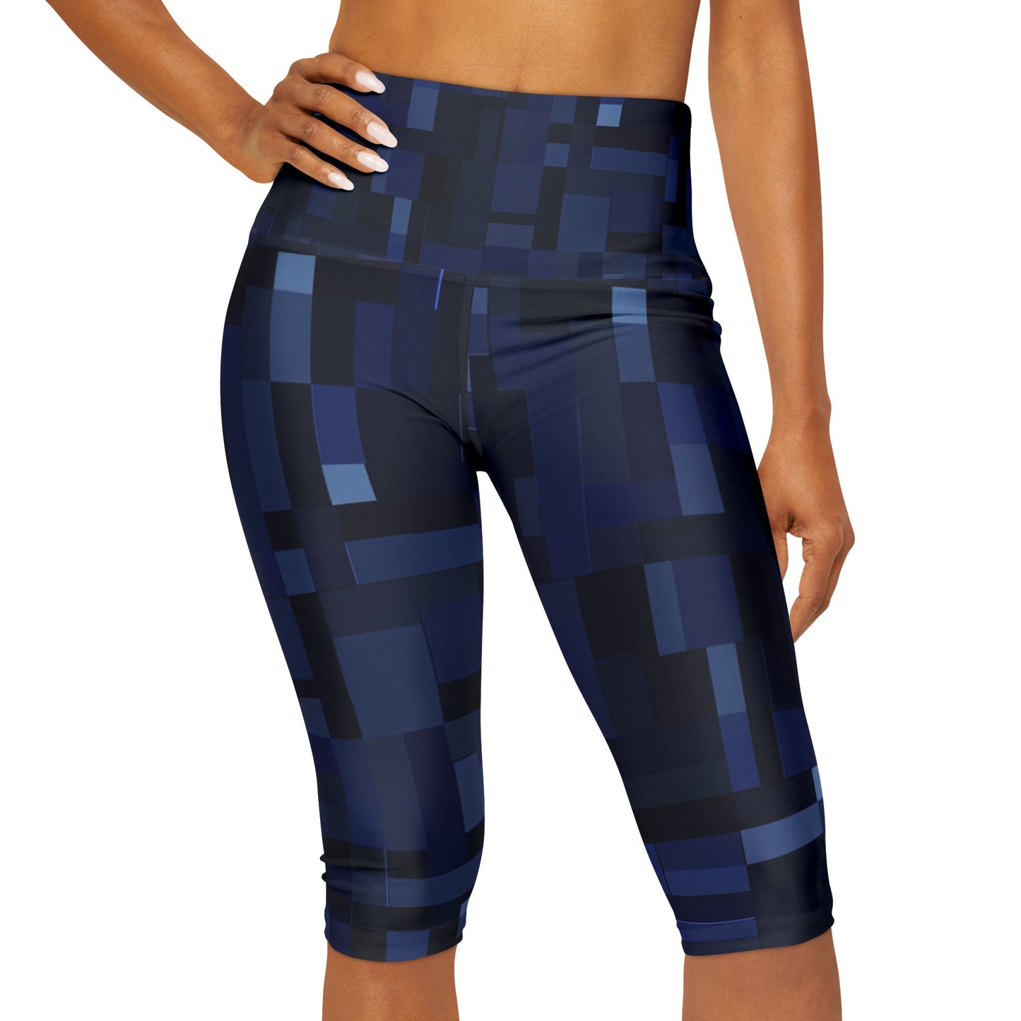 High Waisted Capri Leggings - Blue Pixels