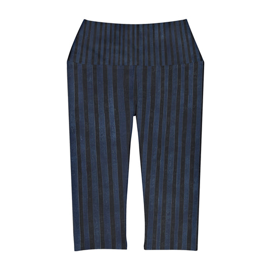 High Waisted Capri Leggings - Vertical Blues